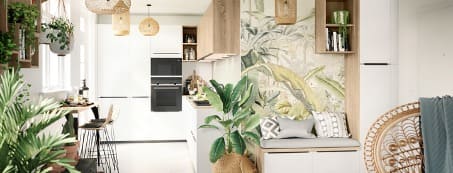 Photo d'une cuisine lumineuse, joliment décorée avec des plantes et meubles de couleur blanche et bois ilot central posée par l'entreprise Meuble Shop.