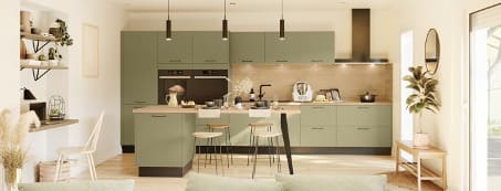 Photo d'une cuisine avec des meubles de couleur vert olive et ilot central posé par l'entreprise Meuble Shop.